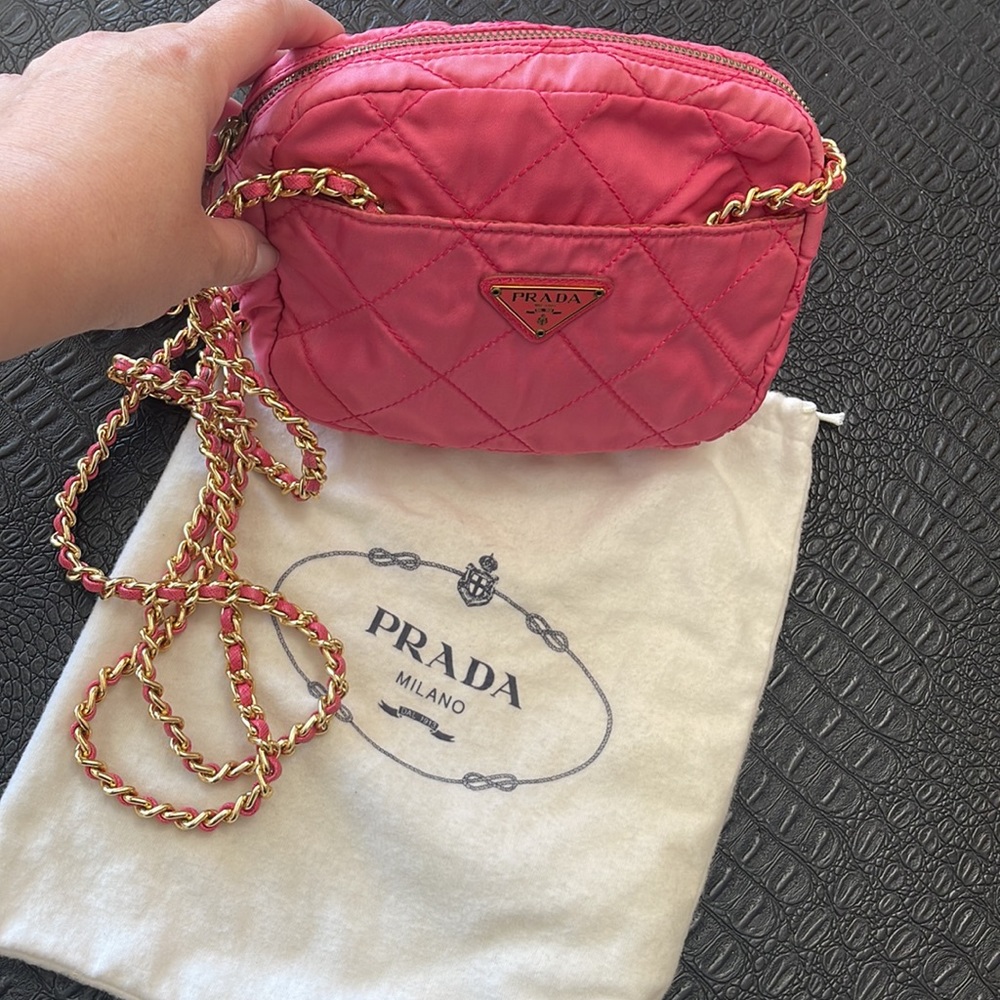 Prada Bag Pink Nylon - Barbie Color with Gold Long Double Chain Straps